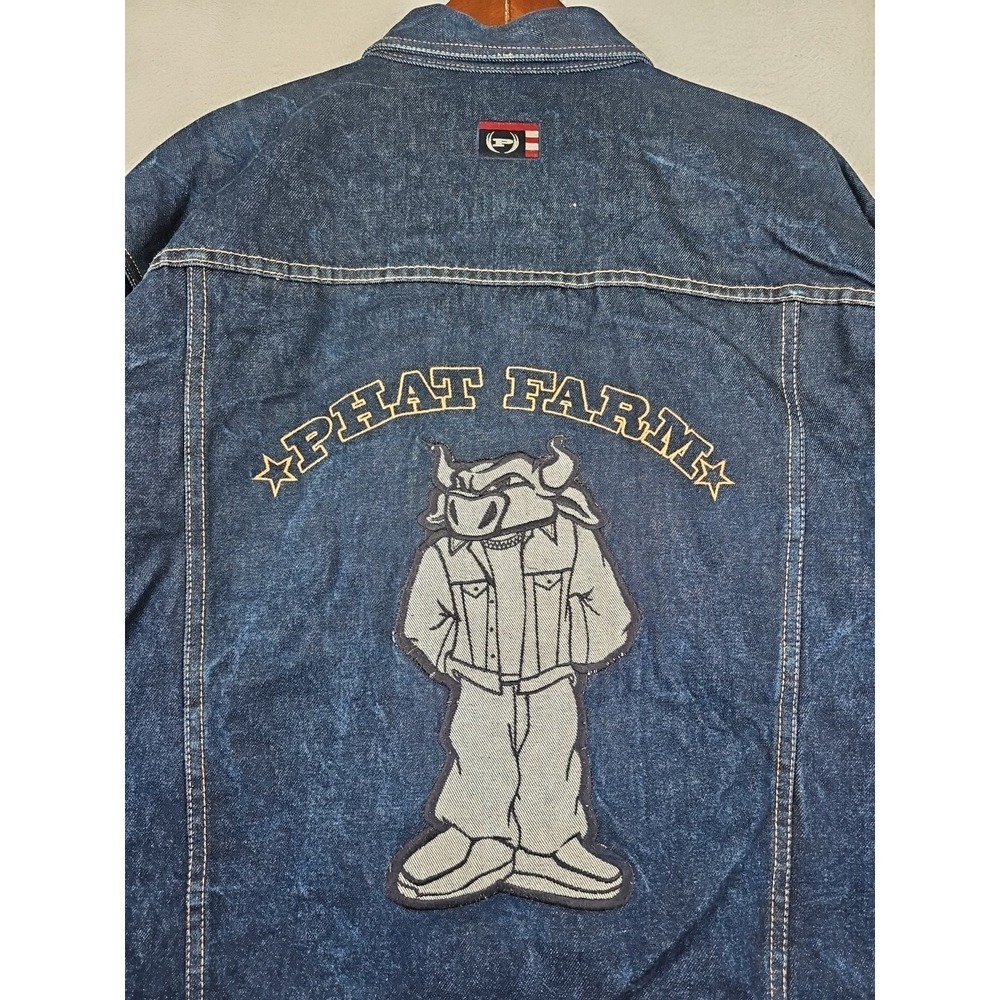 Phat Farm Jacket Mens 2XL Blue Denim Trucker Skater Hip Hop Rap Bull Vintage 90s